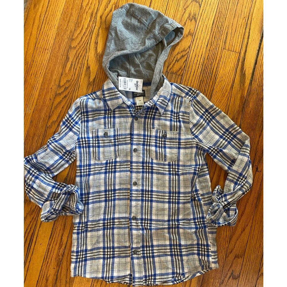 NWT Oshkosh Boys Flannel Hoodie Shirt Sz 14 $32 Blue Gray